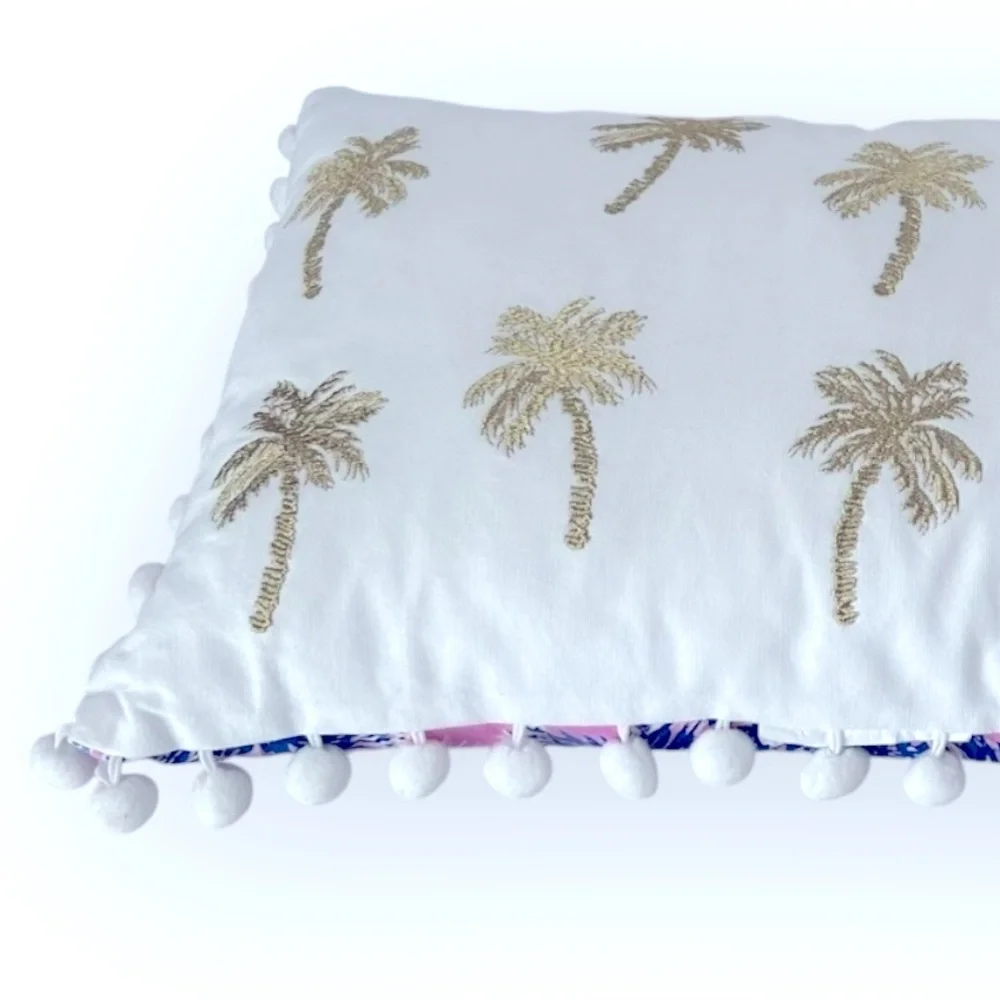 Lilly Pulitzer Two Sided Gold Blue Palm Trees Pom Poms Decorative Lumbar Pillow